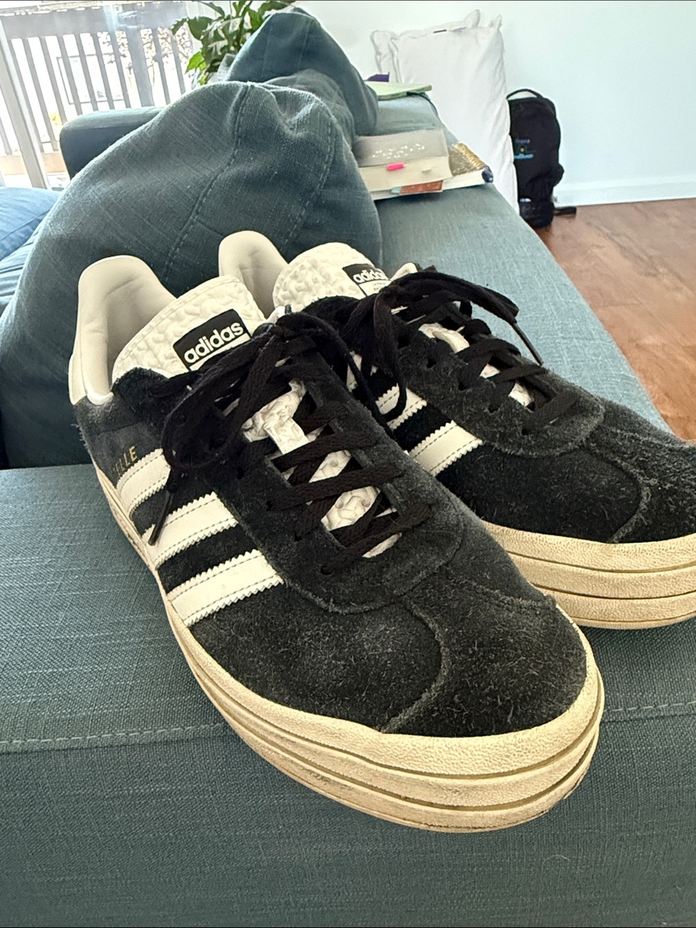 adidas Gazelle Platform Sneakers in Black, White and Gold - Picture 2 of 2